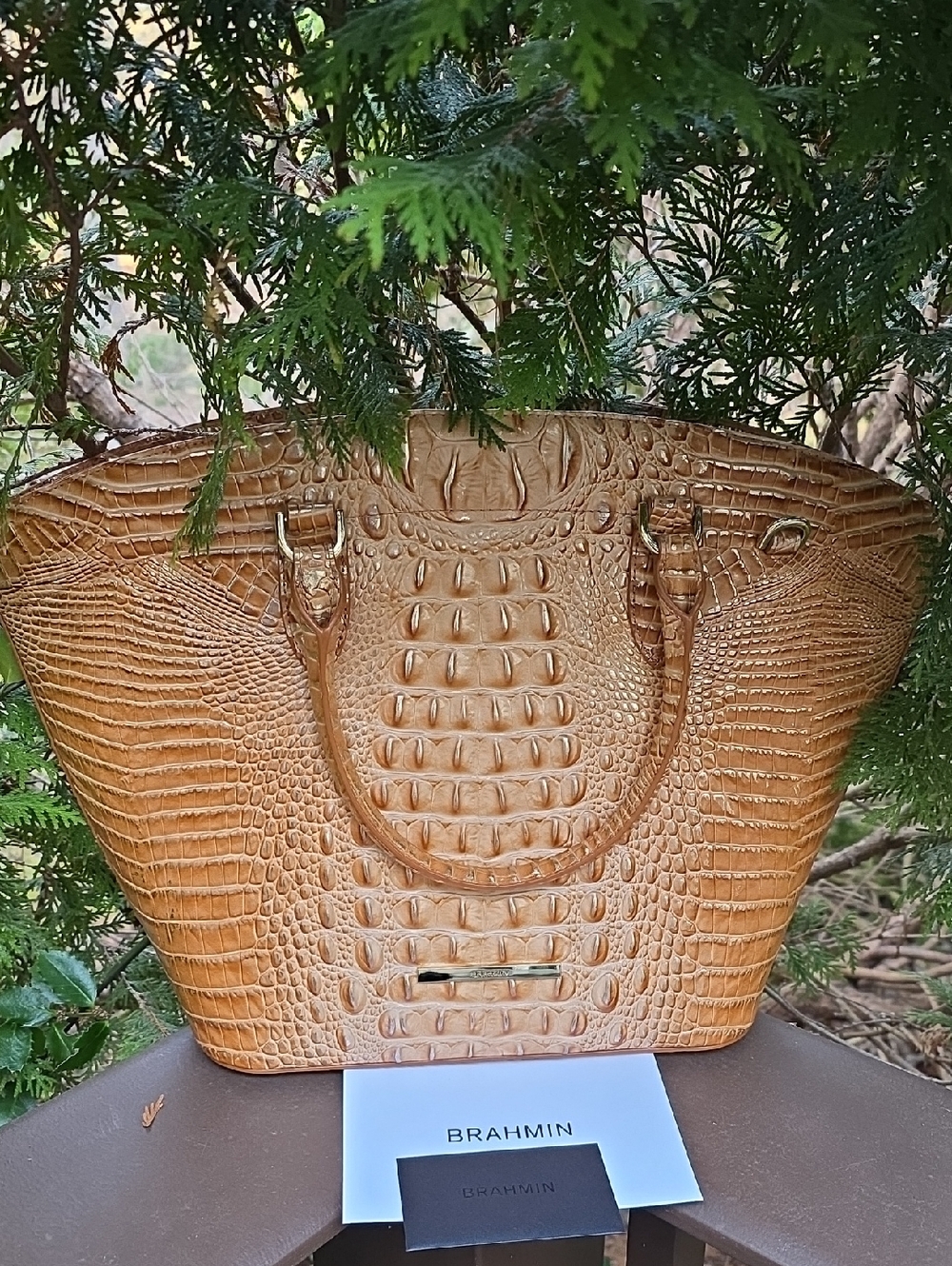 Brahmin Croc Embossed Jeanne Honey Brown Melbourne Small Leather Tote